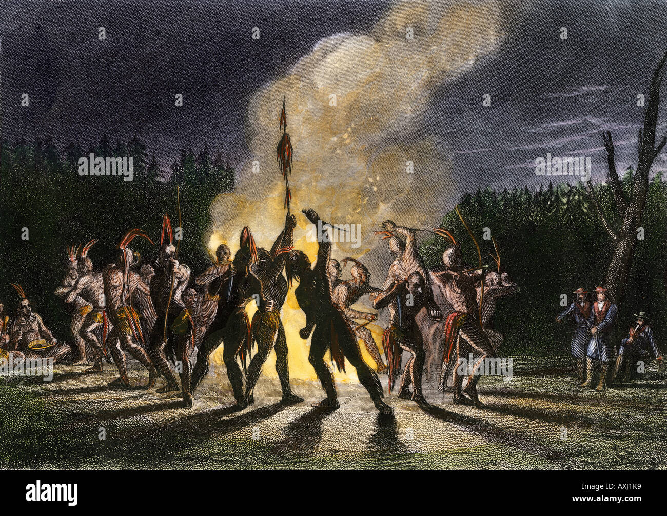 George Washington und Thomas Fairfax eine Native American war Tanz während des Franzosen- und Indianerkrieg teilnehmen. Handcolorierte Stahlstich Stockfoto