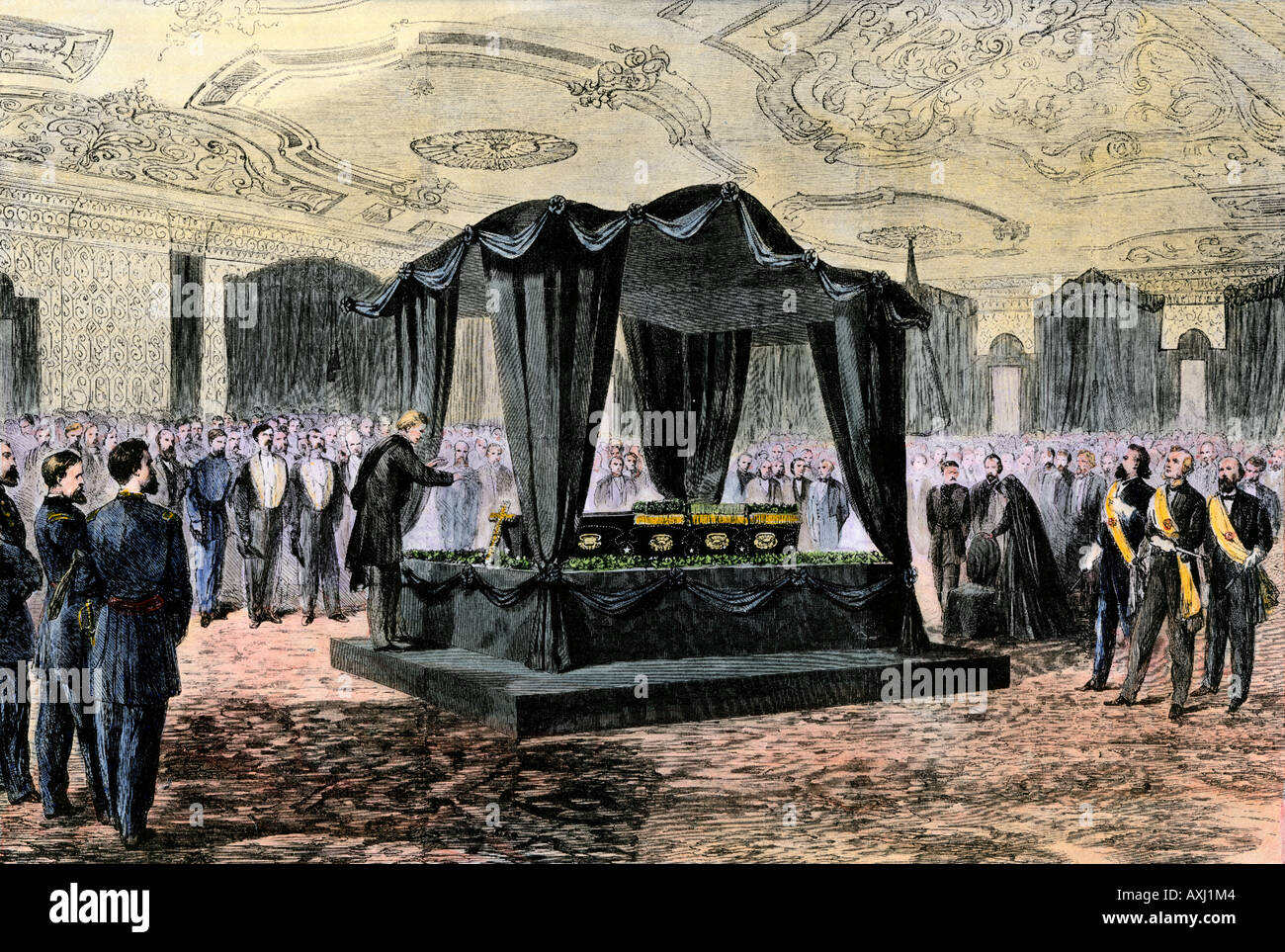 Henry-bezirk Beecher, die Lincoln Beerdigung Rede im Weißen Haus 1865. Hand - farbige Holzschnitt Stockfoto