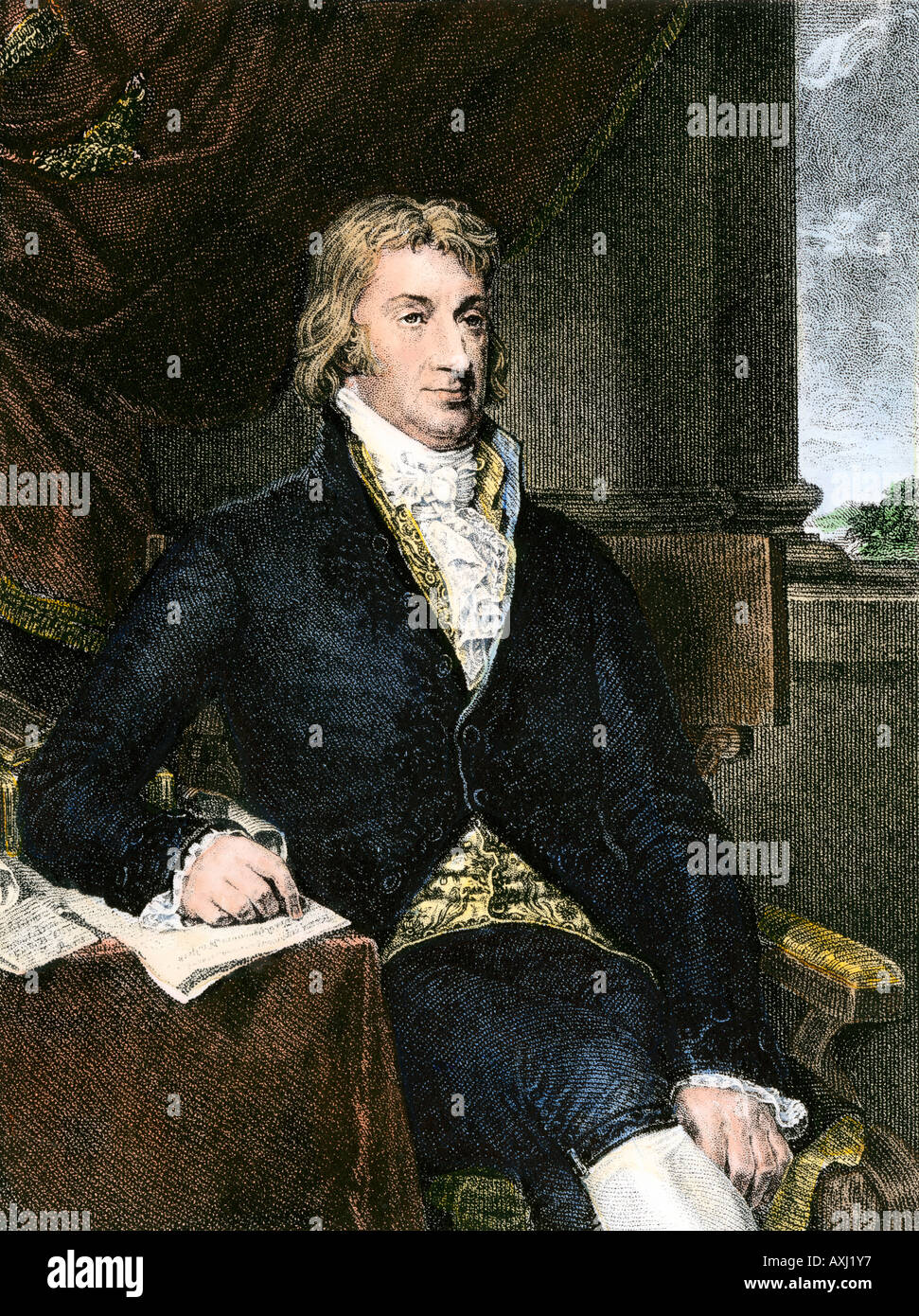 Robert R Livingston Mitglied des Ausschusses, in der die Erklärung der Unabhängigkeit schrieb. Hand - farbige Gravur Stockfoto