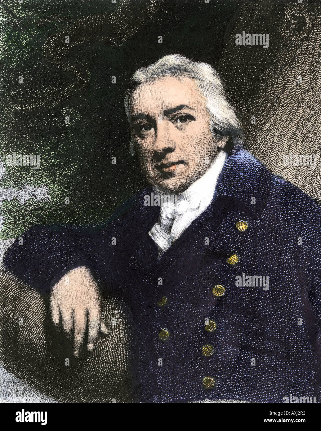 Edward Jenner, die Impfung gegen Pocken entdeckt. Hand - farbige Gravur Stockfoto