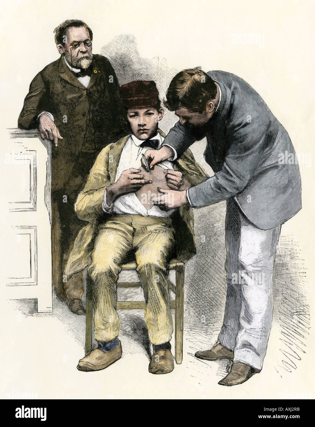 Louis Pasteur Überwachung eine Impfung für Tollwut aka Tollwut 1880. Hand - farbige Holzschnitt Stockfoto