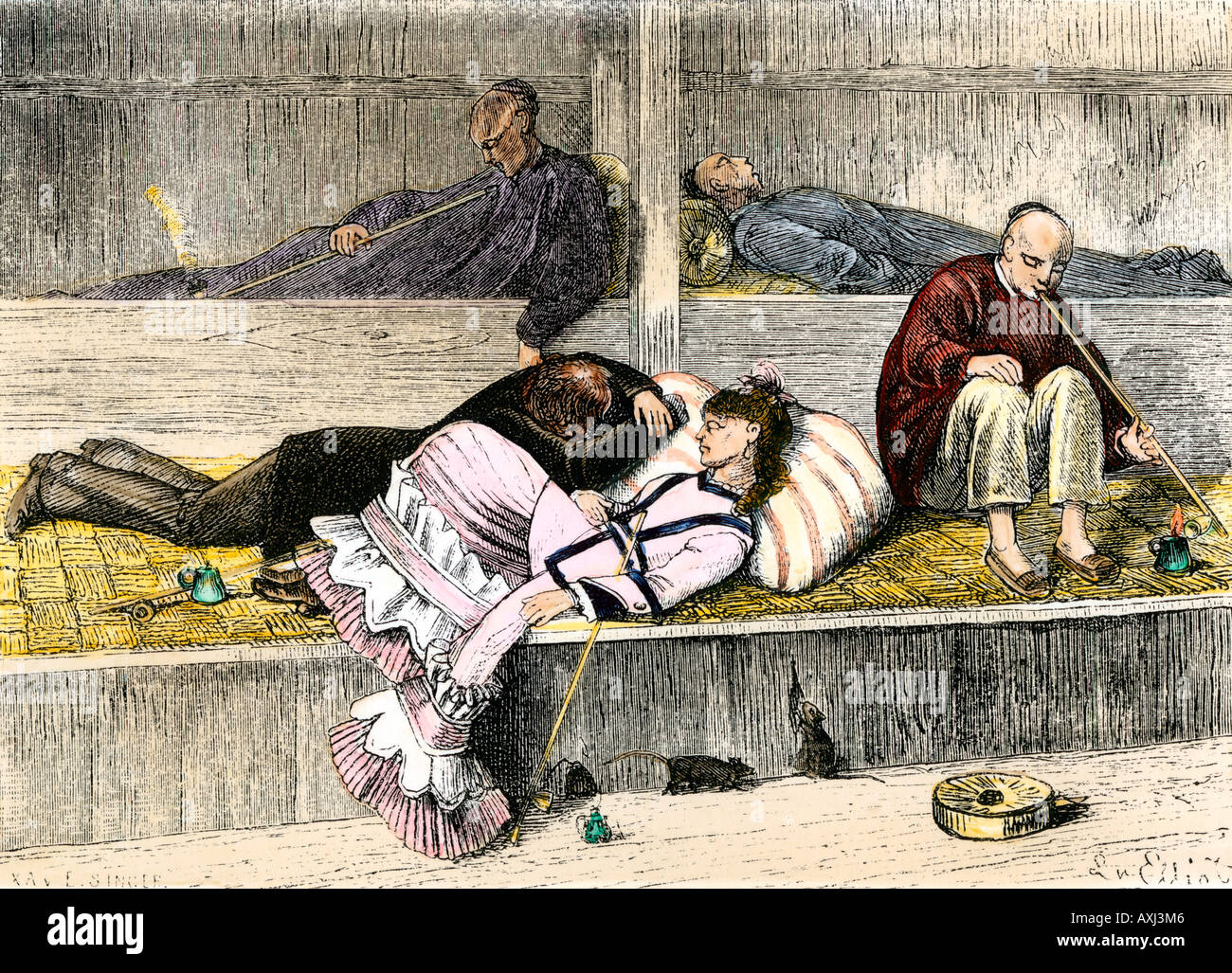 Opium den in San Francisco 1880. Hand - farbige Holzschnitt Stockfoto