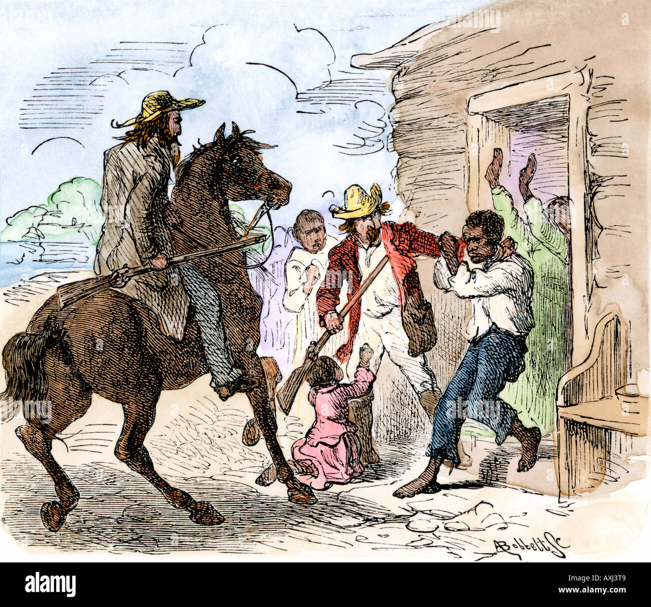 Entlaufenen Sklaven im Norden unter der Fugitive slave Act 1850s erfasst. Hand - farbige Holzschnitt Stockfoto
