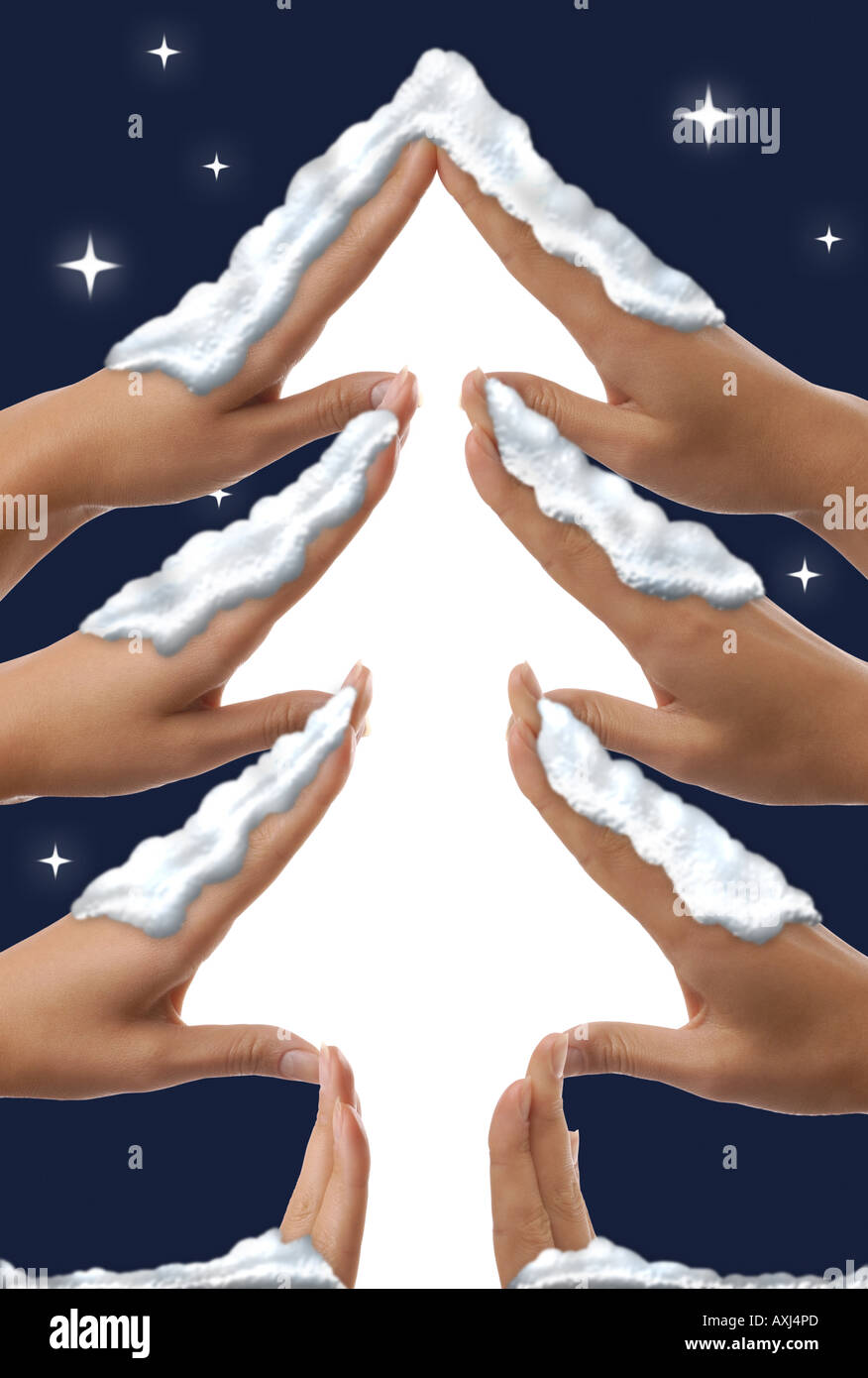 Weihnachtsbaum mit Schnee Form hergestellt aus Händen konzeptionelle Foto Illustration bedeckt Stockfoto