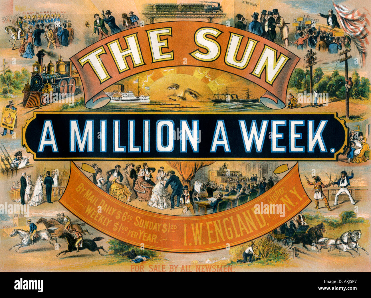 Werbung für die New York Sun eine Tageszeitung 1880. Farblithographie Stockfoto