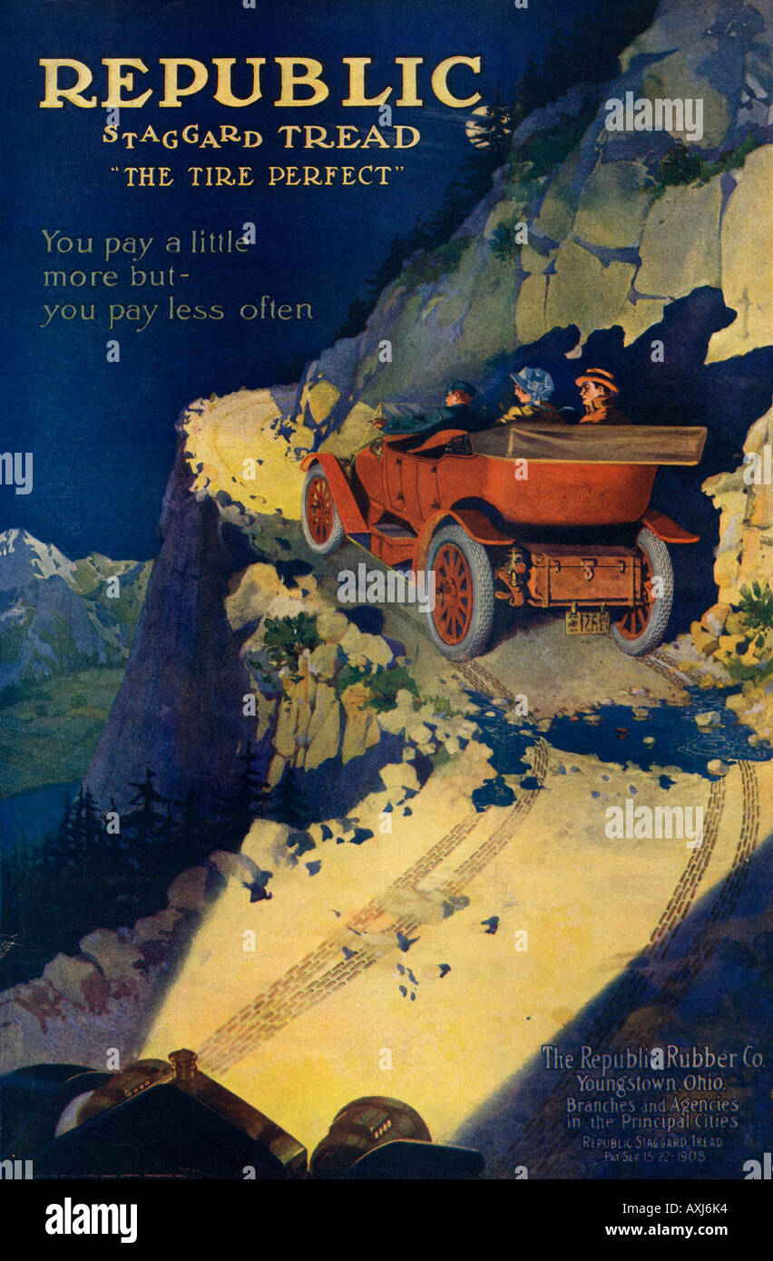 Werbung für Autoreifen von Republik Rubber Company von Youngstown Ohio 1908 gemacht. Farblithographie Stockfoto