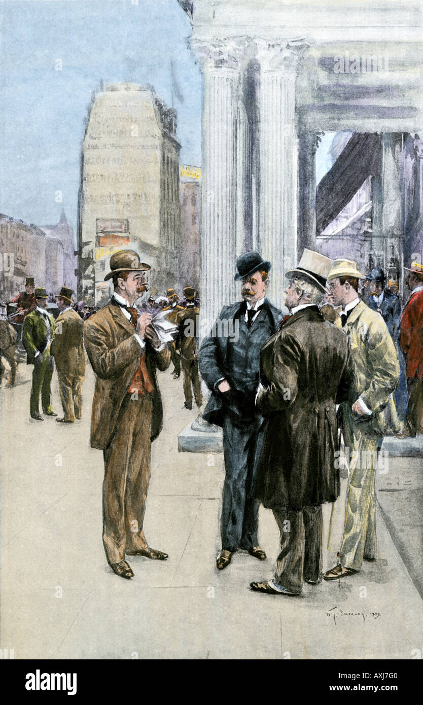 Reporter Interviews im Financial District in New York City 1890. Handcolorierte halftone einer Abbildung Stockfoto