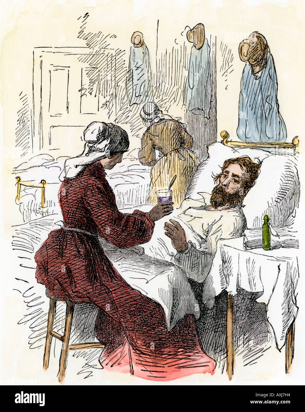 Krankenschwester Behandlung eines verletzten Soldaten in einem Bürgerkrieg Krankenhaus. Hand - farbige Holzschnitt Stockfoto