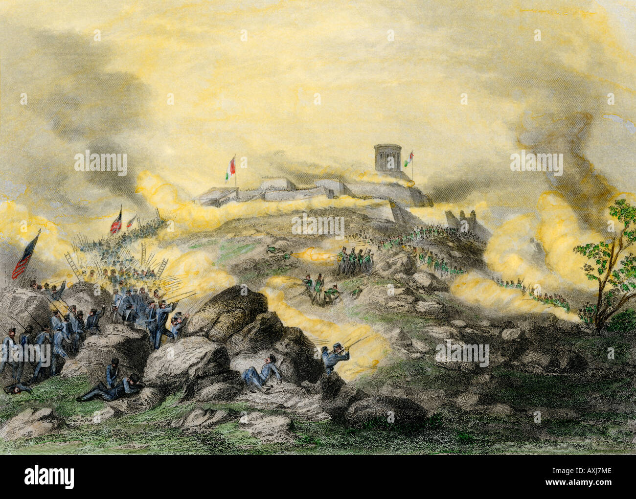 Amerikanische Angriff auf die Festung von Chapultepec während der US-mexikanischen Krieg 1847. Handcolorierte Stahlstich Stockfoto
