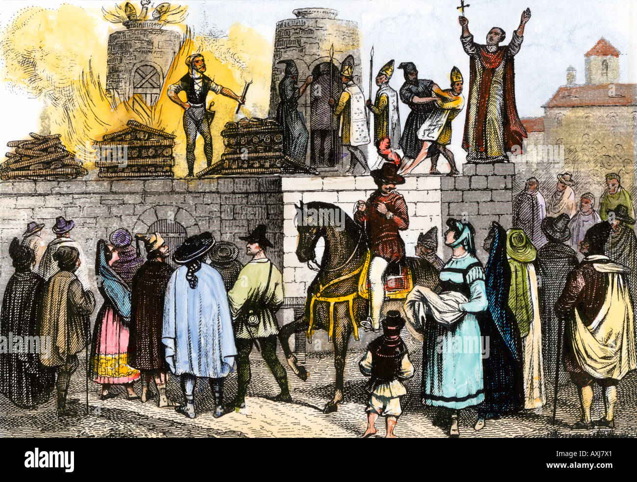 Öffentliche Hinrichtung der Römisch-katholischen Bischöfe während der spanischen Inquisition. Hand - farbige Gravur Stockfoto