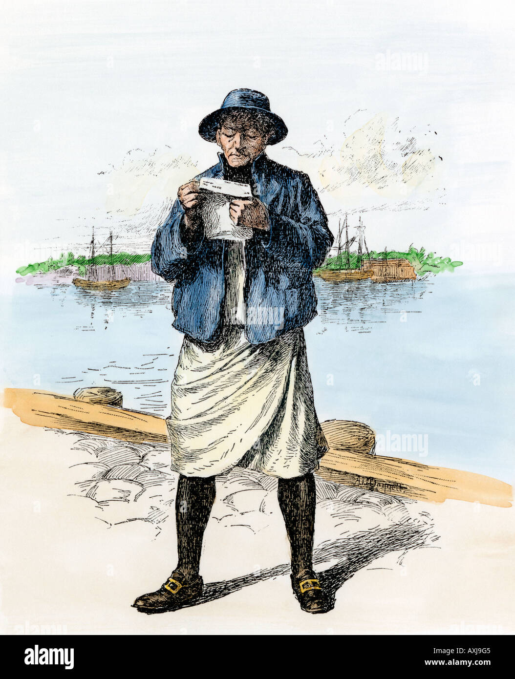 Amerikanische Segler des revolutionären Krieges Ende 1700. Hand - farbige Holzschnitt Stockfoto