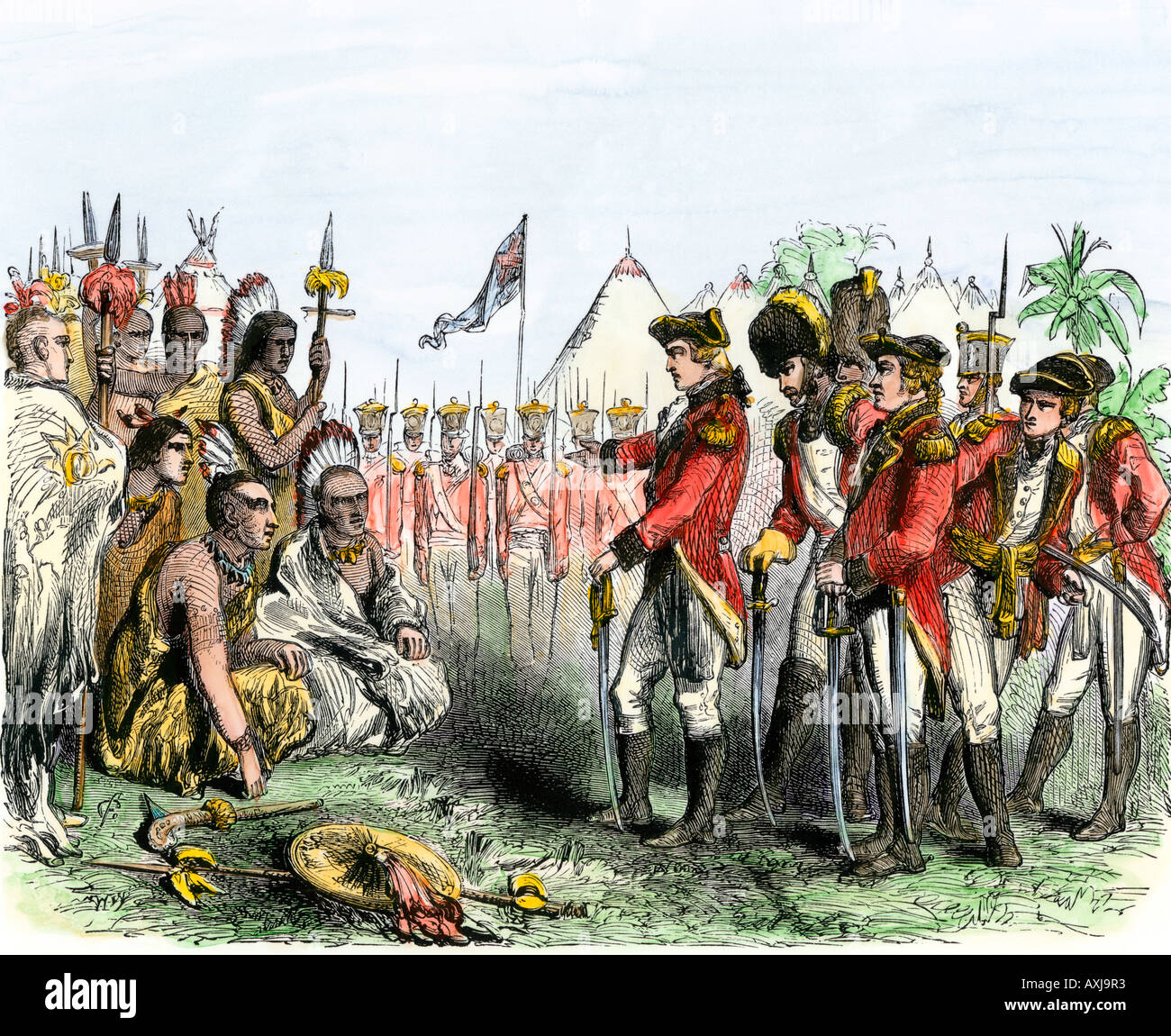 Den britischen General John Burgoyne Adressierung gebürtigen Amerikaner, eine Allianz zu sichern. Hand - farbige Holzschnitt Stockfoto
