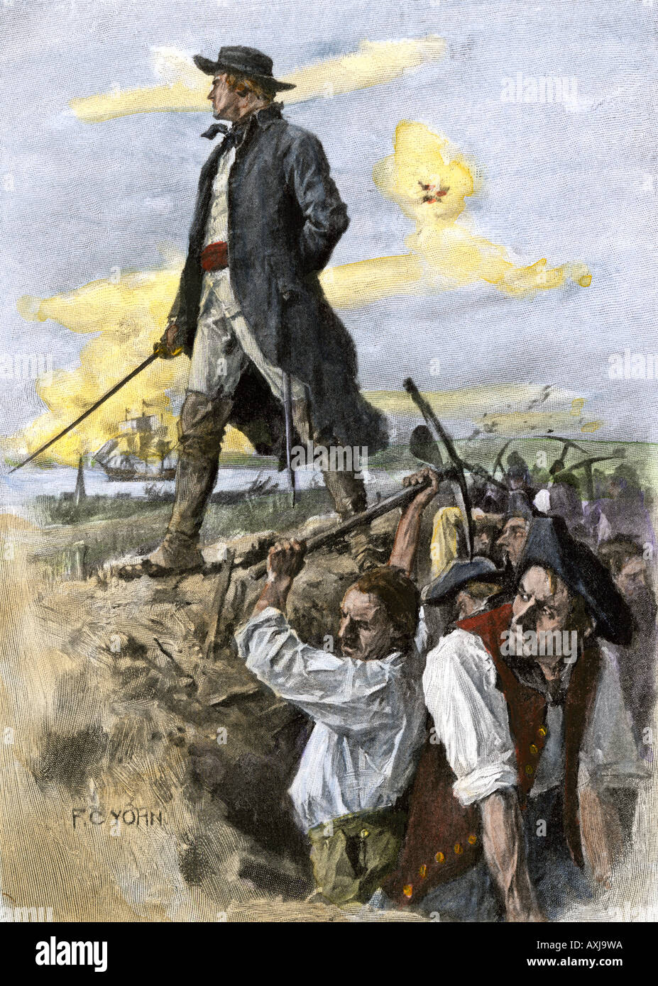 William Prescott auf Befehl der amerikanischen Minutemen verteidigenden Bunker Hill 1775. Handcolorierte halftone einer F.C. Yohn Abbildung Stockfoto