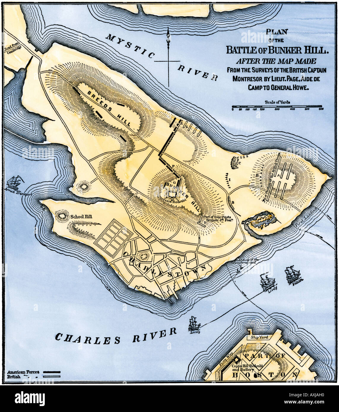 Karte der Schlacht von Bunker Hill von einer britischen Karte gezeichnet. Hand - farbige Holzschnitt Stockfoto