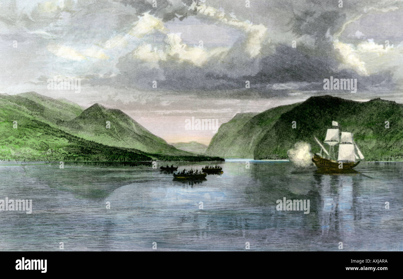 Henry Hudson Schiff Half Moon erfüllt die Native Americans in den Hudson River Highlands in 1609. Handcolorierte Stahlstich Stockfoto