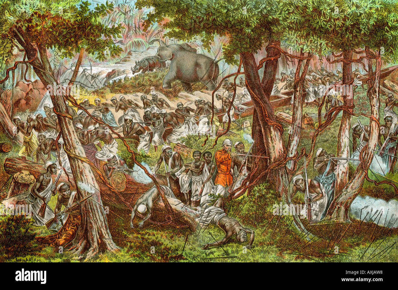 Henry Stanley Expedition ziehen ein Boot um Stromschnellen des Kongo in Afrika 1870. Farblithographie Stockfoto