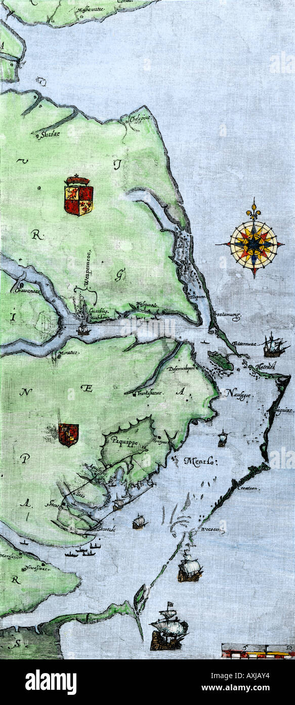 John White Karte von Virginia und Carolina Küste, wo Roanoke Kolonie 1500 s entfernt wurde. Hand - farbige Holzschnitt Stockfoto