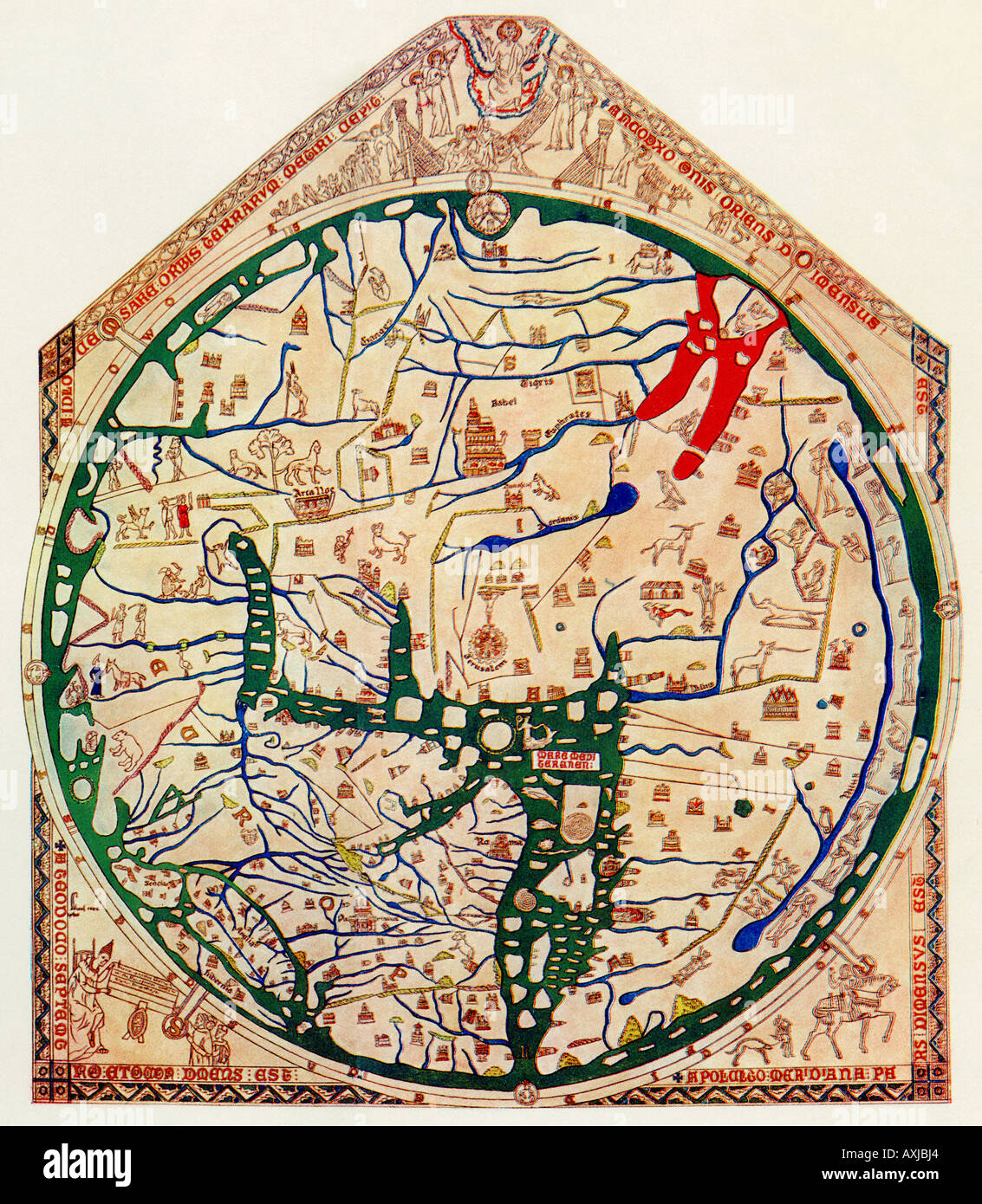 Hereford Mappa Mundi von 1280 Jerusalem zeigt in der Mitte Europas ist unten links Afrika ist unten rechts. Farbe Halbton Stockfoto