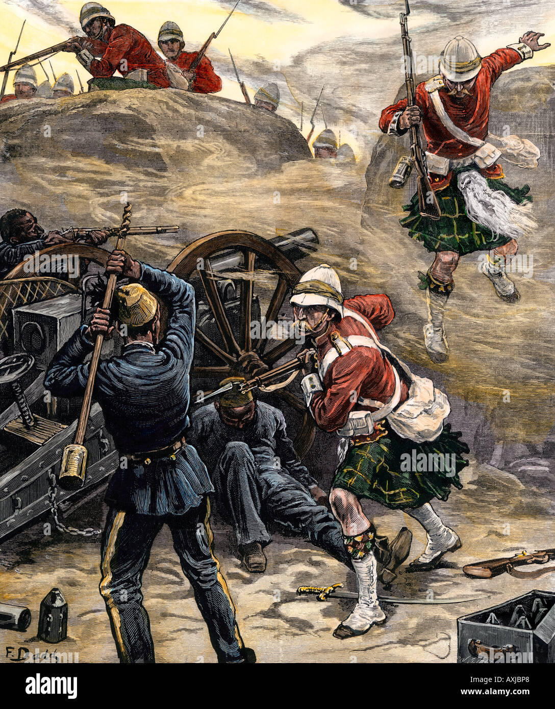 Britische Angriff auf ägyptische Artillerie in Tell el Kebir 1882. Hand - farbige Holzschnitt Stockfoto