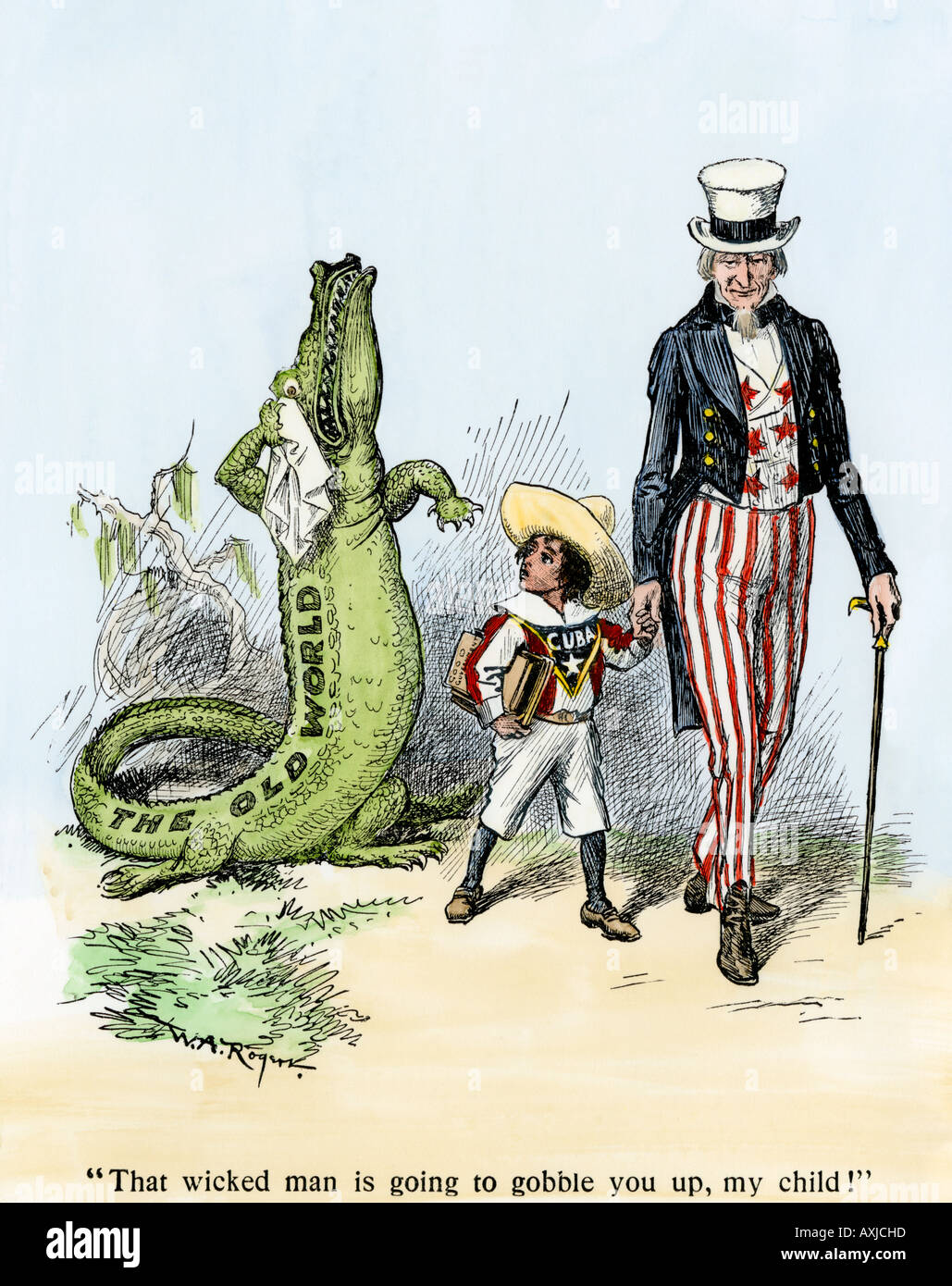 Uncle Sam sagen zu Kuba wird er, der Gottlose, wird dich bis zu meinem Kind 1901 verschlingen. Hand - farbige Holzschnitt von W.A. Rogers Cartoon Stockfoto