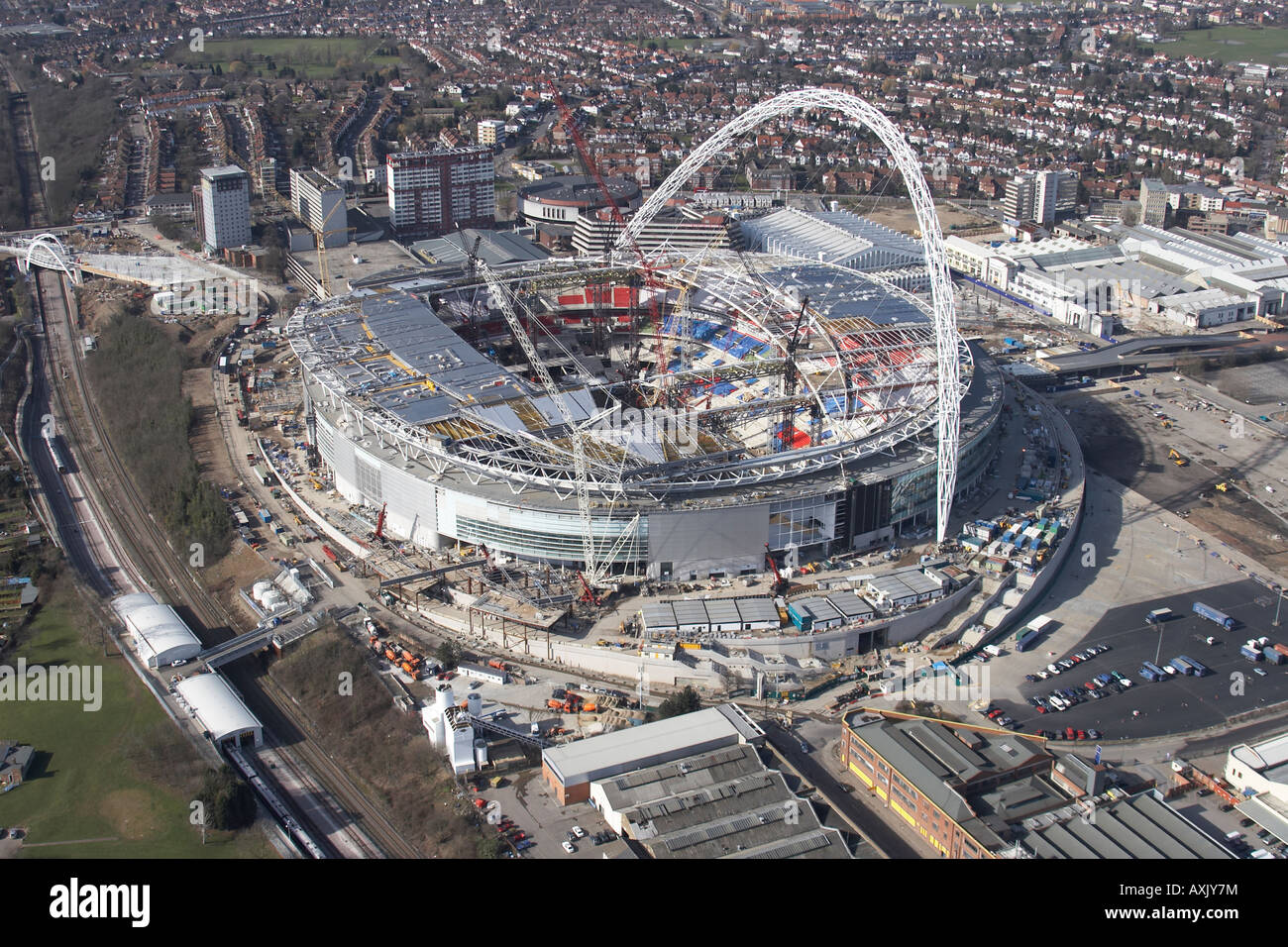 Hohen Niveau schrägen Luftbild westlich von Wembley-Stadion bauen Baustelle London HA9 England UK Feb 2006 Stockfoto