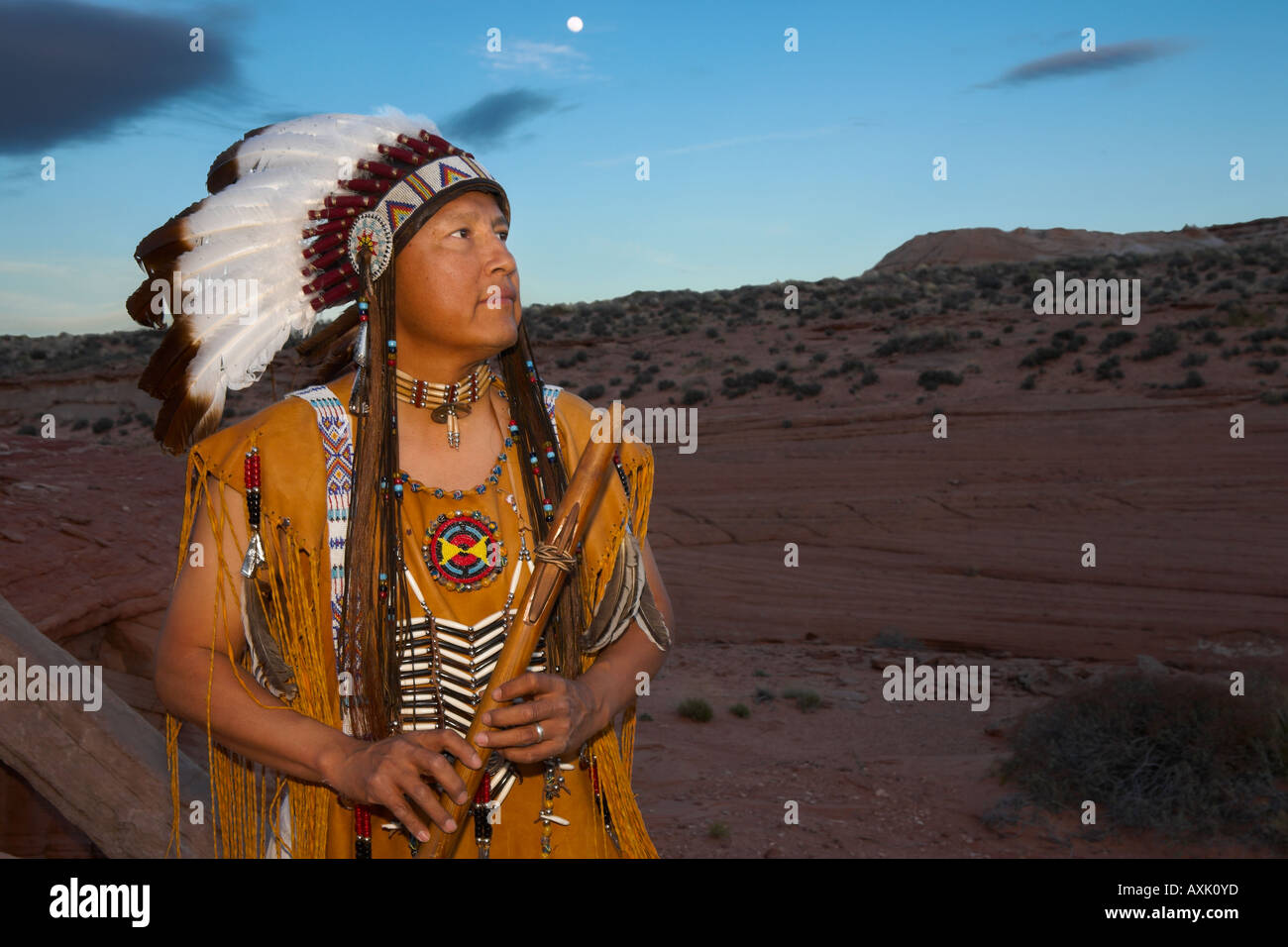 Native American Indian Mann Person mit kulturellen Outfit einheitliche Kopfschmuck Federn Design Muster blauen Himmel Natur Pflanzen Chief Stockfoto