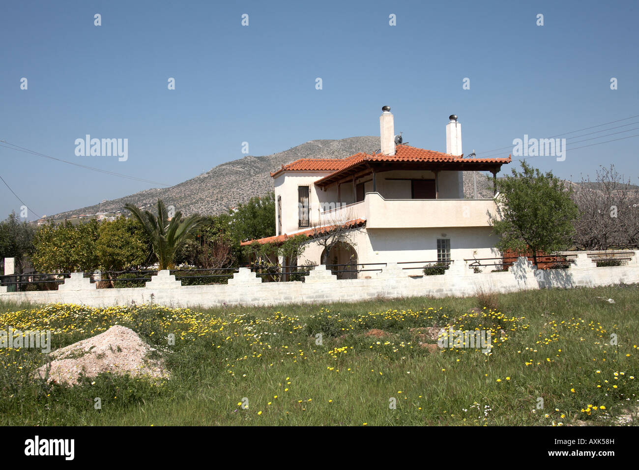 Haus mit Ziegeldach unter wilden Blumen in Anavissos Attika oder Atiki Griechenland Stockfoto