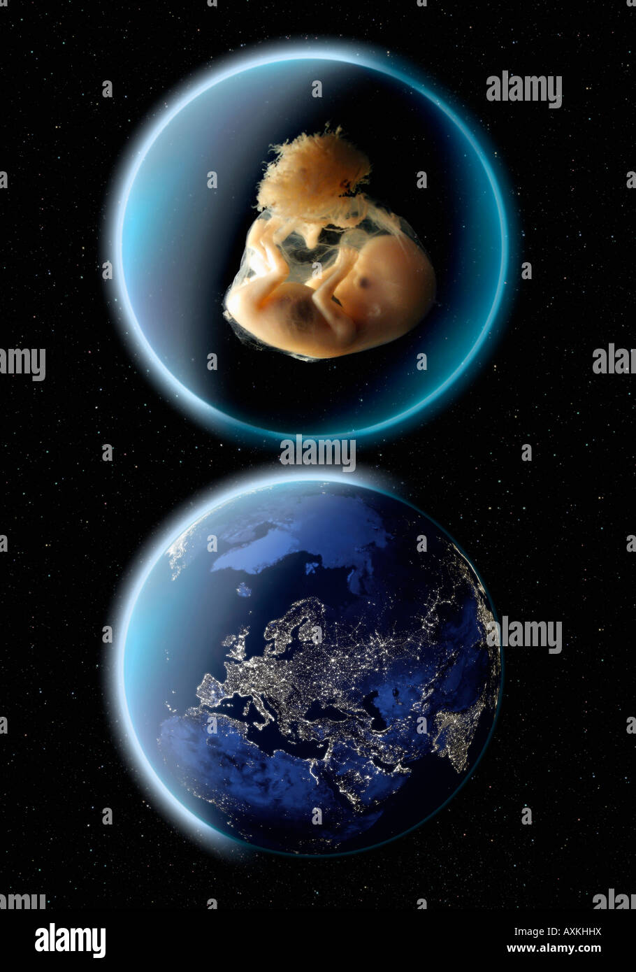 menschlicher Embryo in Blase und Mutter Erde Stockfoto