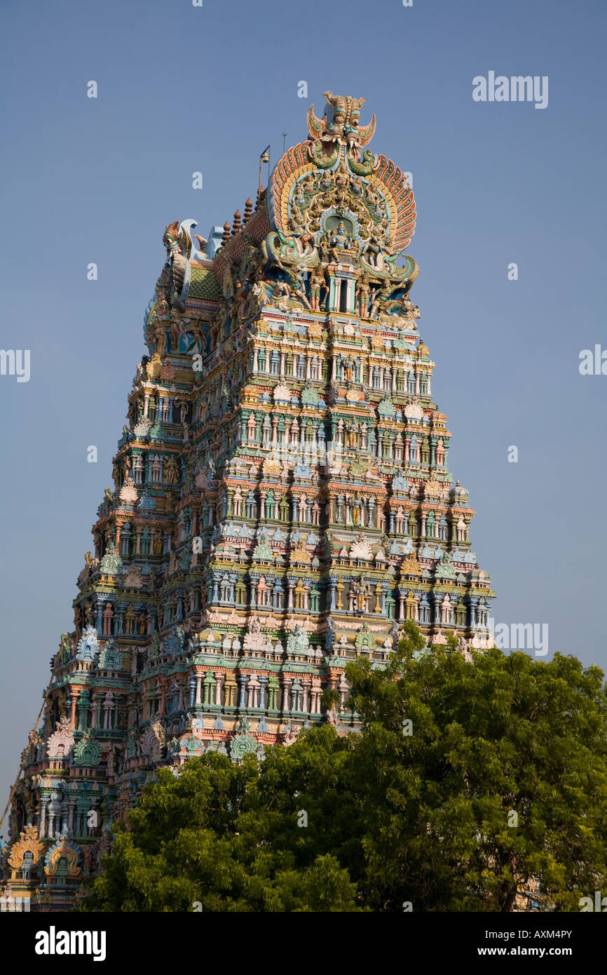 Ein Gopuram, Meenakshi Tempel, Madurai, Tamil Nadu, Indien Stockfoto