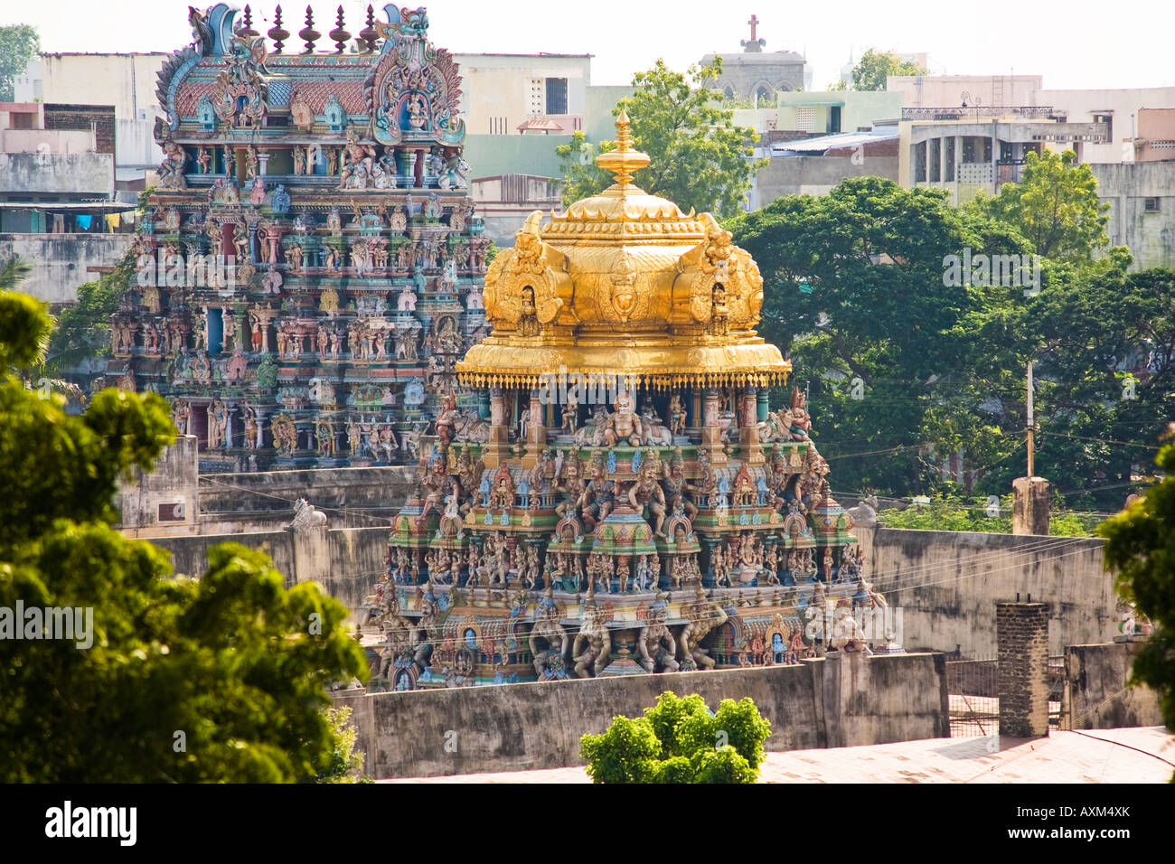 Goldener Turm der Meenakshi Tempel, Madurai, Tamil Nadu, Indien Stockfoto