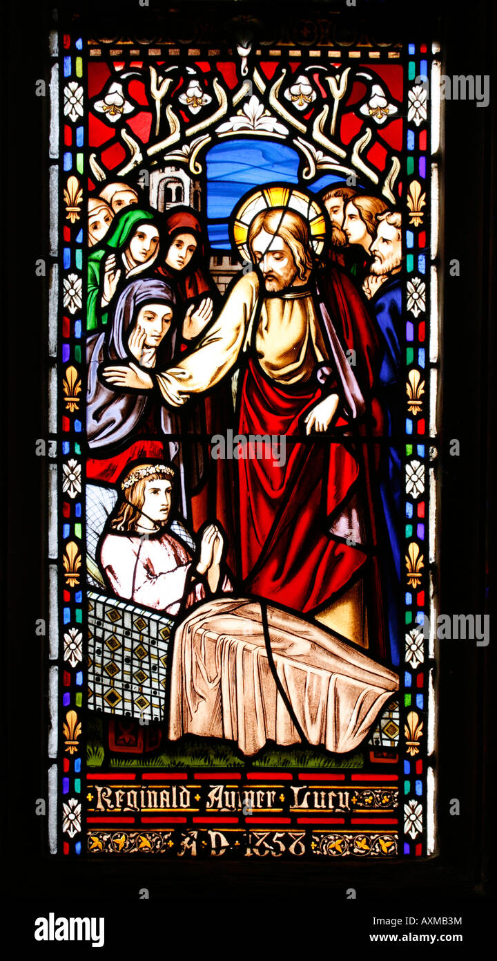 Glasfenster, die Jesus heilte die Kranken, Charlecote Kirche, Warwickshire, England Stockfoto