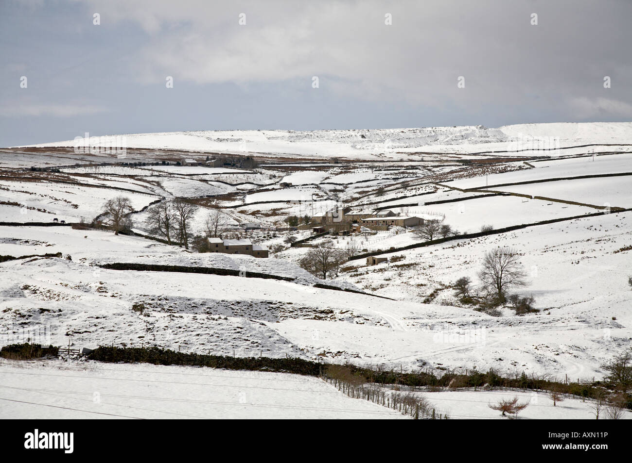 Ferne, von Moorlandschnee bedeckte Bauernhäuser zu Ostern in Moorhouses Valley, Nidderdale, North Yorkshire Stockfoto