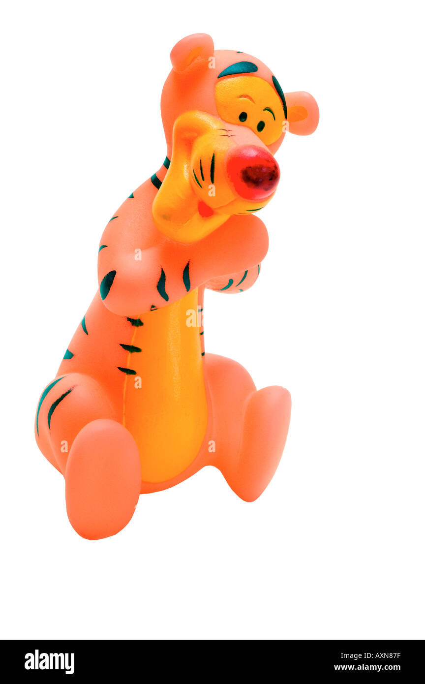 Kautschuk Spielzeug Tiger Tierfigur Puppe Symbol Kindheit einzigen Spiel Baby zugeschnittenen weißen Hintergrund Umriss Ausschnitt ausschneiden Stockfoto