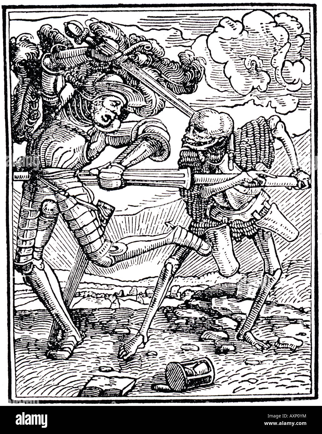 HANS HOLBEINS Totentanz einen Druck aus der gravierten 1526-Serie zeigt Tod ein Soldaten zu töten Stockfoto