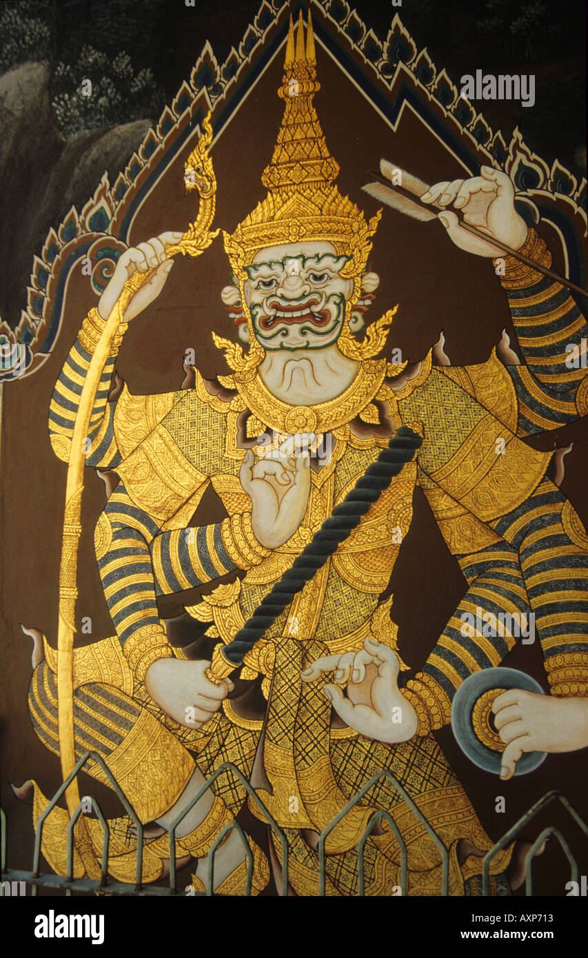 Hanuman in Blattgold auf schwarzem Lack Tafeln in Bangkok Tempel Stockfoto