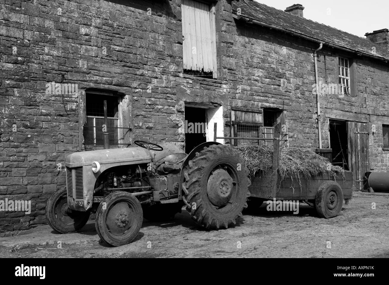 Alte graue Fergie mit Anhänger auf Cumbria Stockfoto