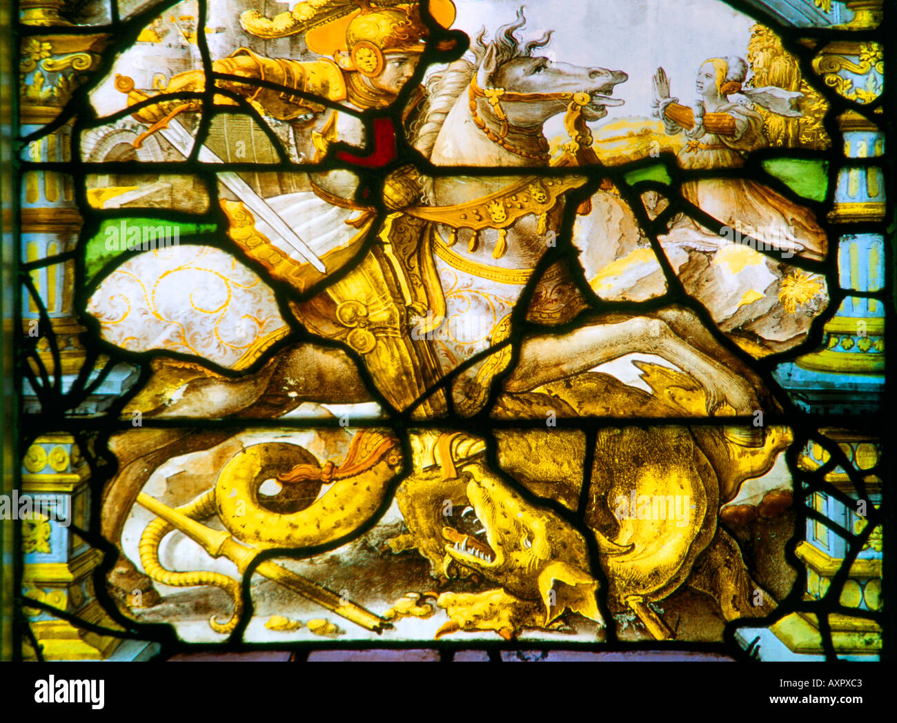 St George & Dragon flämischer Glasmalerei St Giles Kirche Ashtead Stockfoto