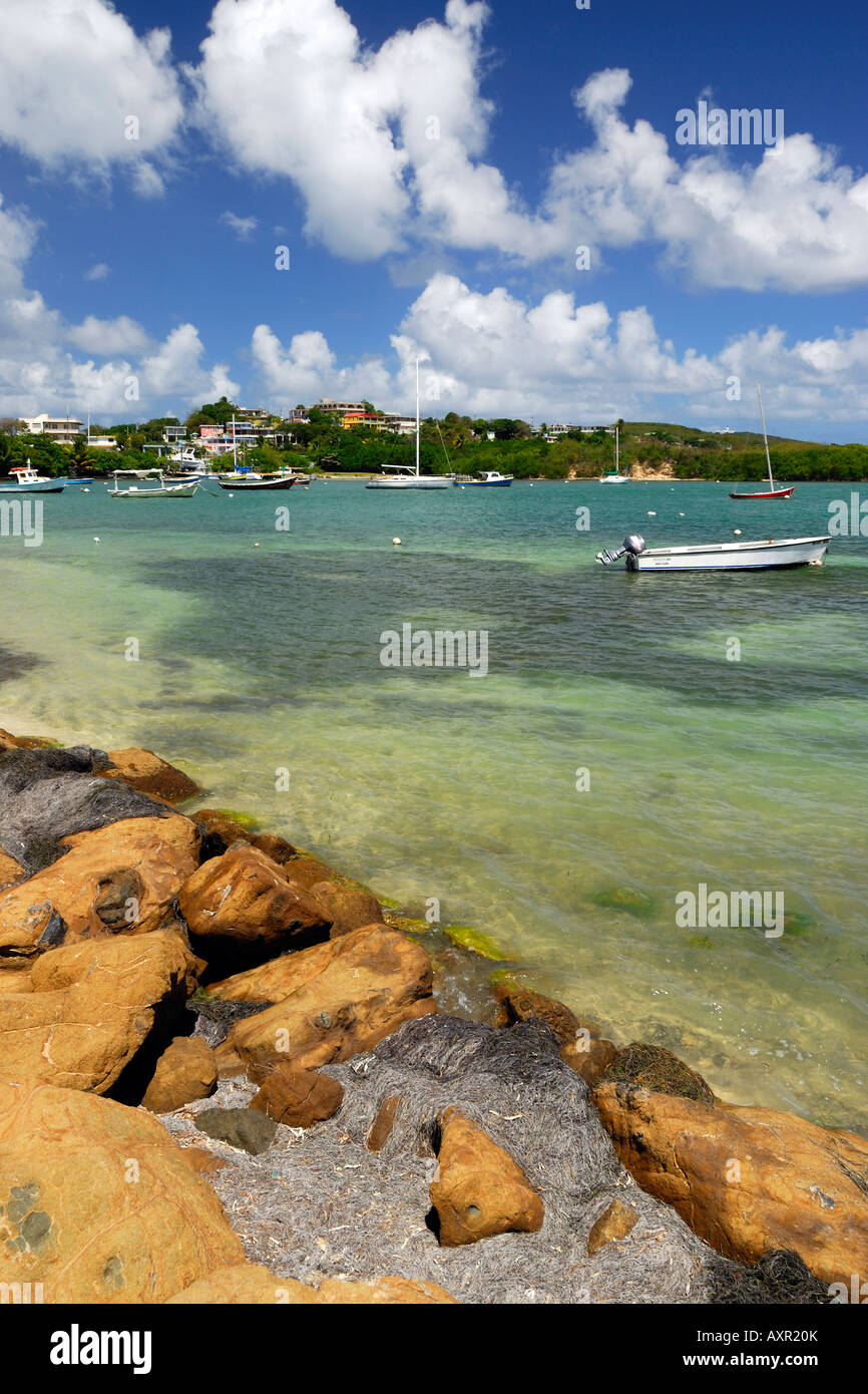 Die Bilder-Bucht mit Schiffsanleger im Las Croabas Park in Las Croabas (in der Nähe von Fajardo), Puerto Rico. Stockfoto