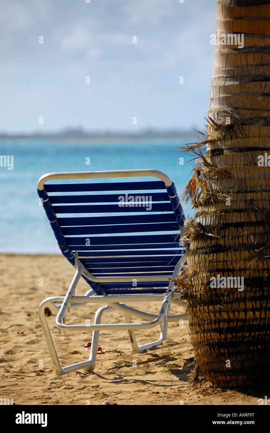 Leeren Strandstuhl neben einer Palme an einem Strand in Puerto Rico Stockfoto