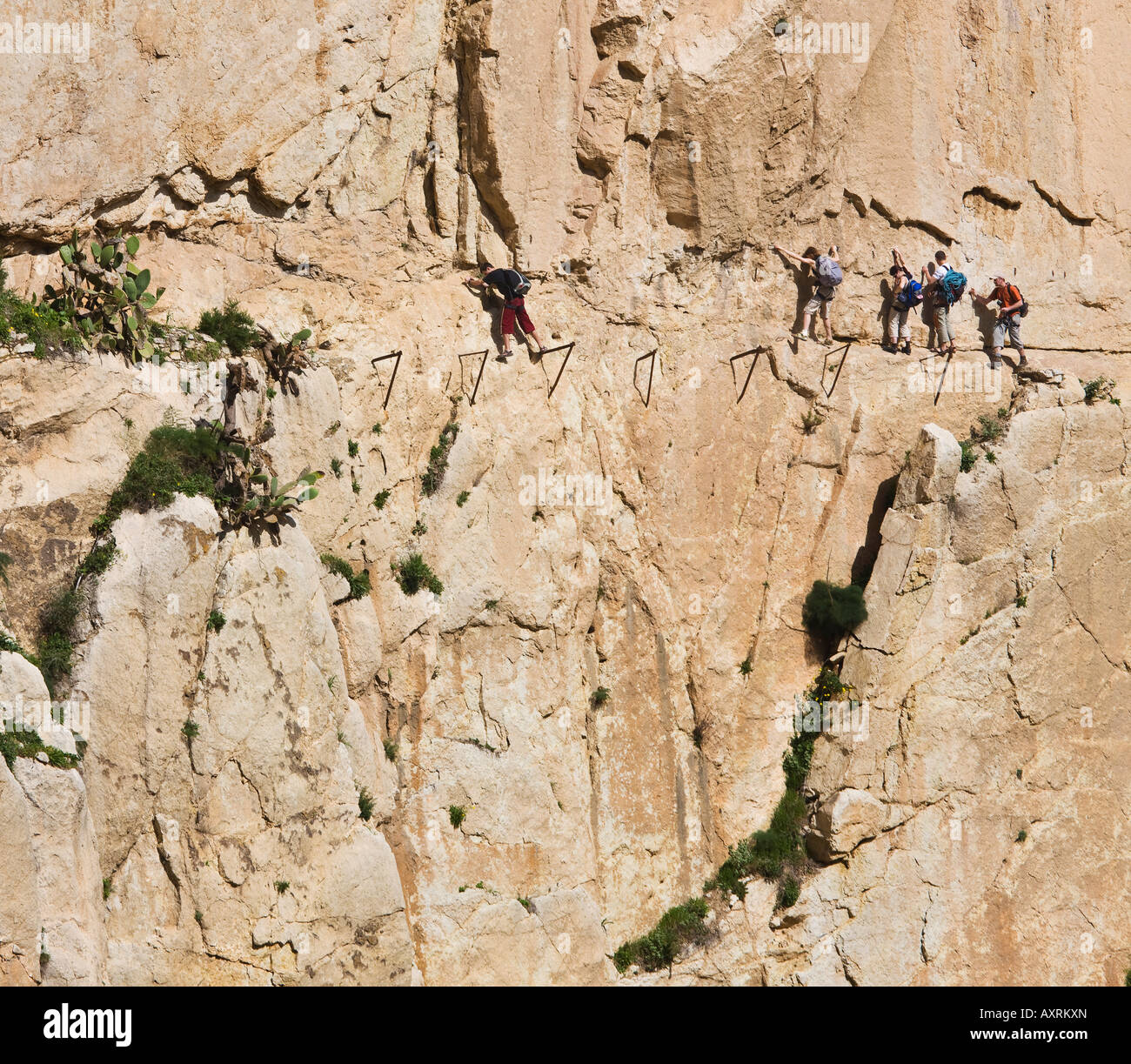 Bergsteiger durchqueren der jetzt gebrochen Camino del Rey in El Chorro Schlucht in der Nähe von Alora Provinz Malaga Spanien Stockfoto