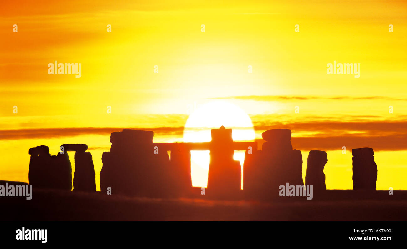 Stonehenge Wintersonnenwende Sonnenuntergang Stockfoto
