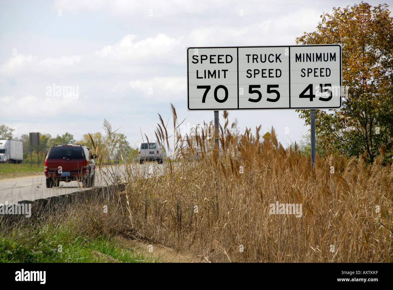 Verkehrszeichen auf der interstate Autobahn, die maximalen und minimalen Geschwindigkeitsbegrenzungen auf dasselbe Vorzeichen Stockfoto