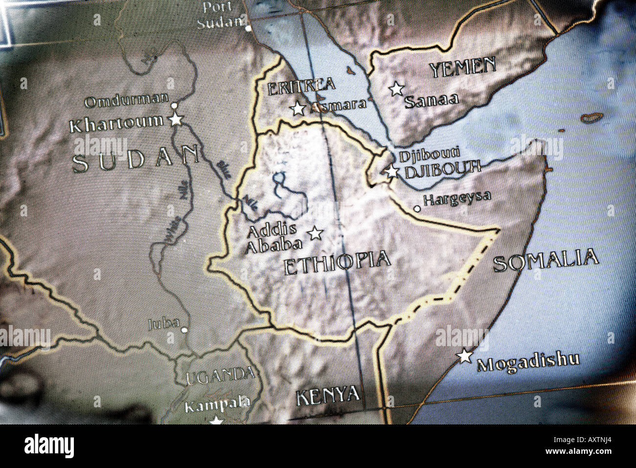 Aktuelle Karte zeigt die Länder Sudan, Äthiopien, Kenia, Somalia, Uganda und Jemen in Afrika. Stockfoto