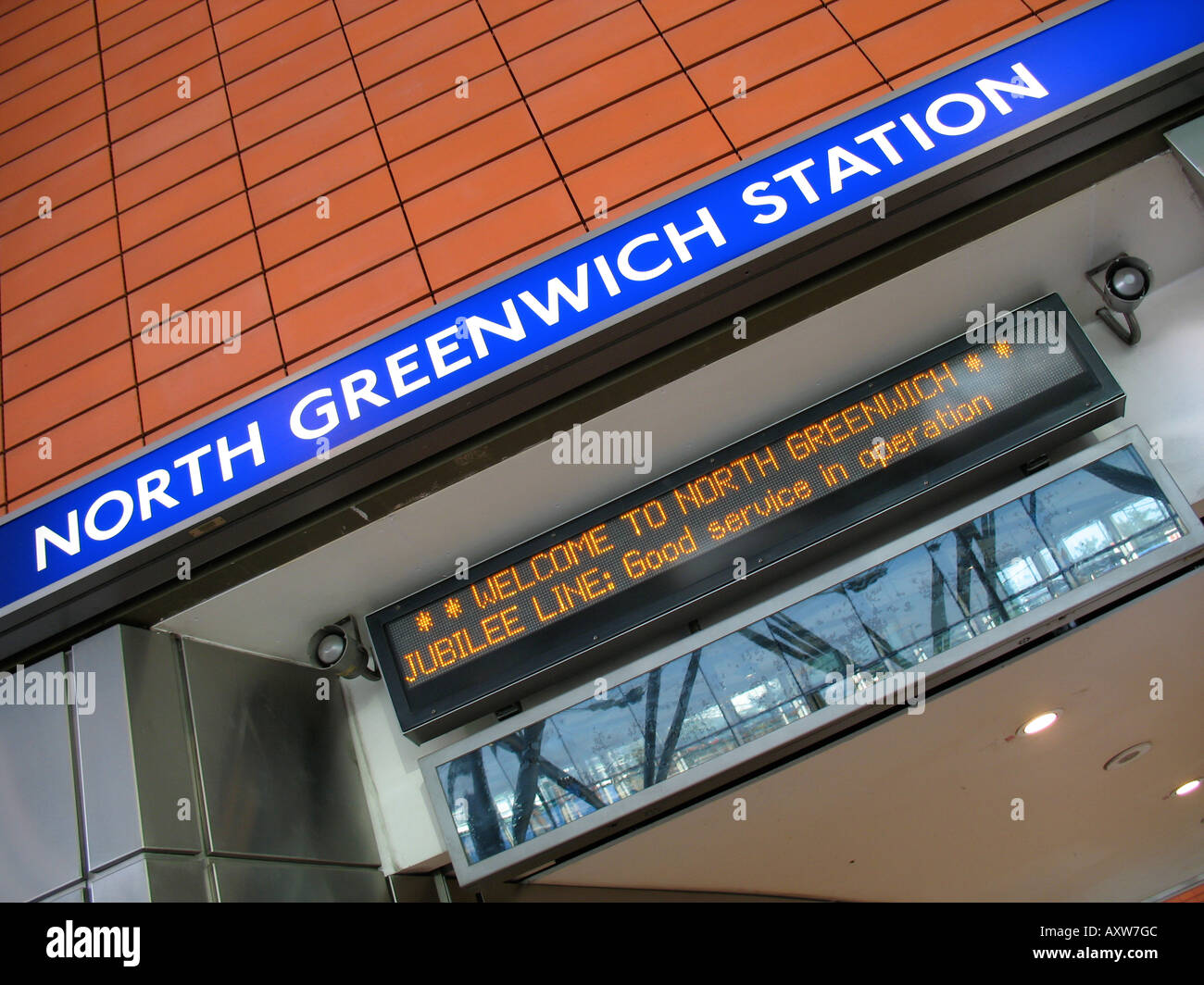 North Greenwich Station Zeichen London England Stockfoto