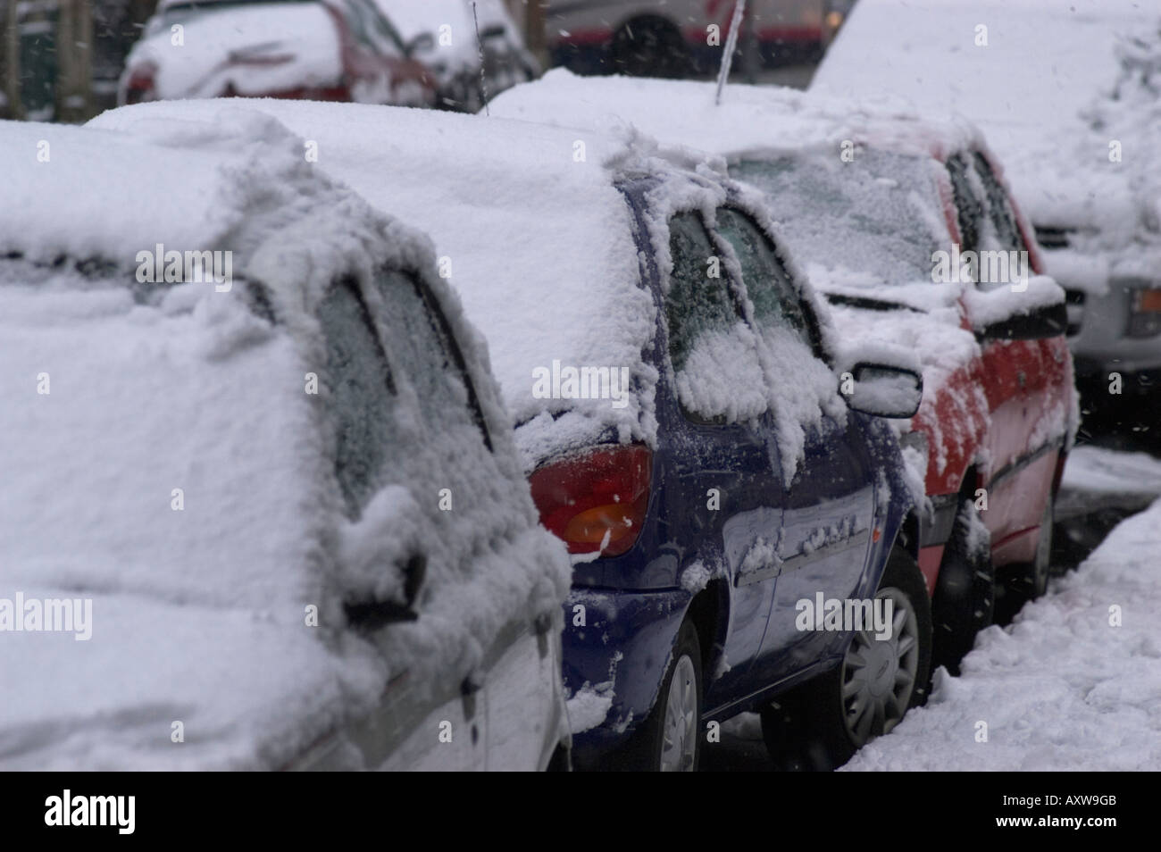 Geparkte Autos mit Schnee bedeckt. Stockfoto
