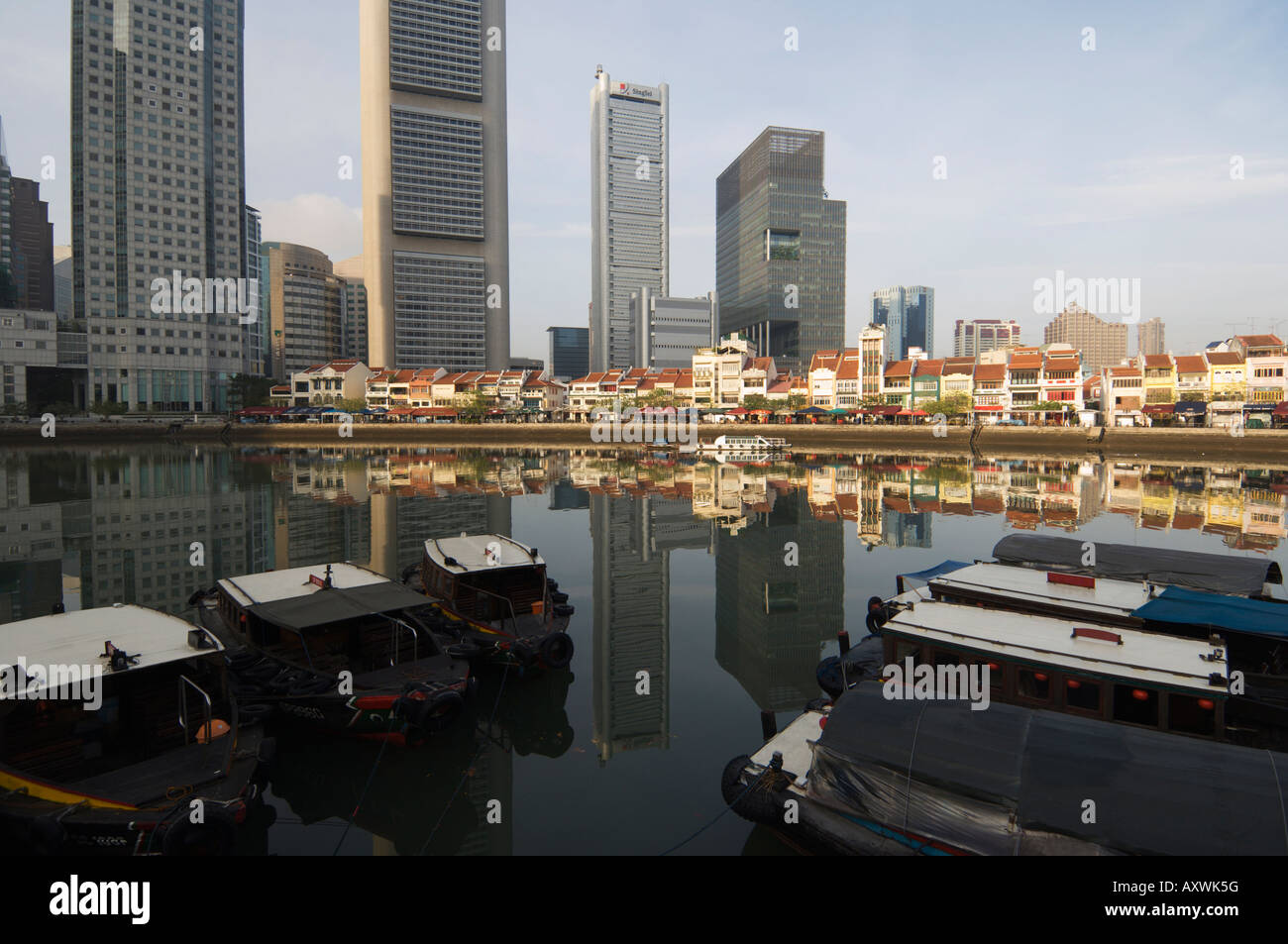 Am frühen Morgen, Boat Quay und dem Financial District, Singapur, Südostasien, Asien Stockfoto