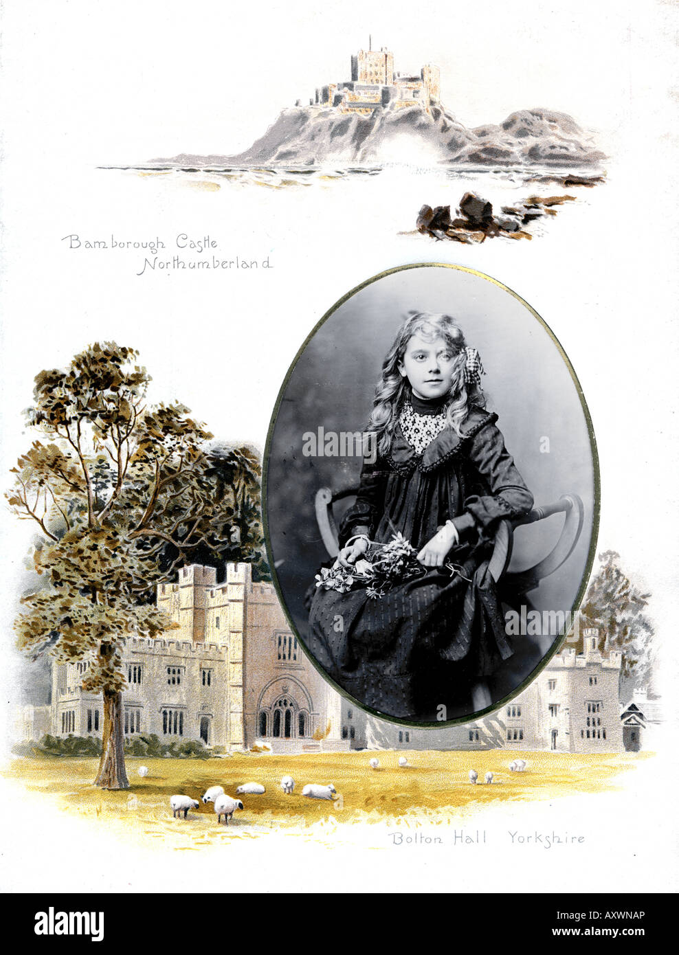 Viktorianische 1880s 1890s dekoriert Foto Album mit Herrenhäuser mit Bamborough Castle Northumberland und Bolton Hall Stockfoto
