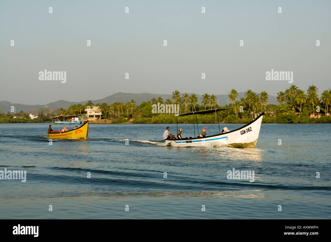 Ausflugsboote auf Rückstau in der Nähe von Mobor, Goa, Indien Stockfoto