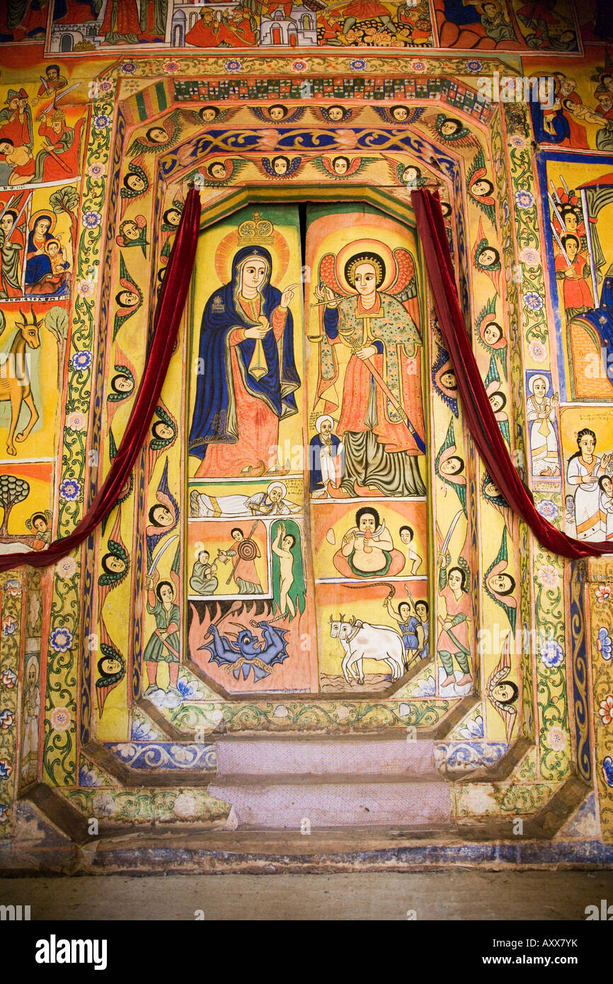 Wandbilder, Inneres Heiligtum der christlichen Kirche von Ura Kedane Meheriet, Zege Halbinsel See Tana, Äthiopien Stockfoto