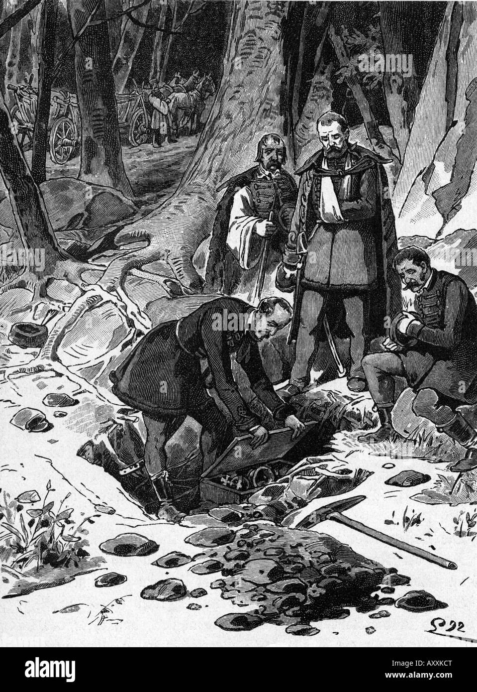 Kossuth, Lajos 16.9.1802 - 20.3.1894, ungarischer Politiker, der die ungarischen Regalien begraben hat, August 1849, Holzgravur, 1893, Stockfoto